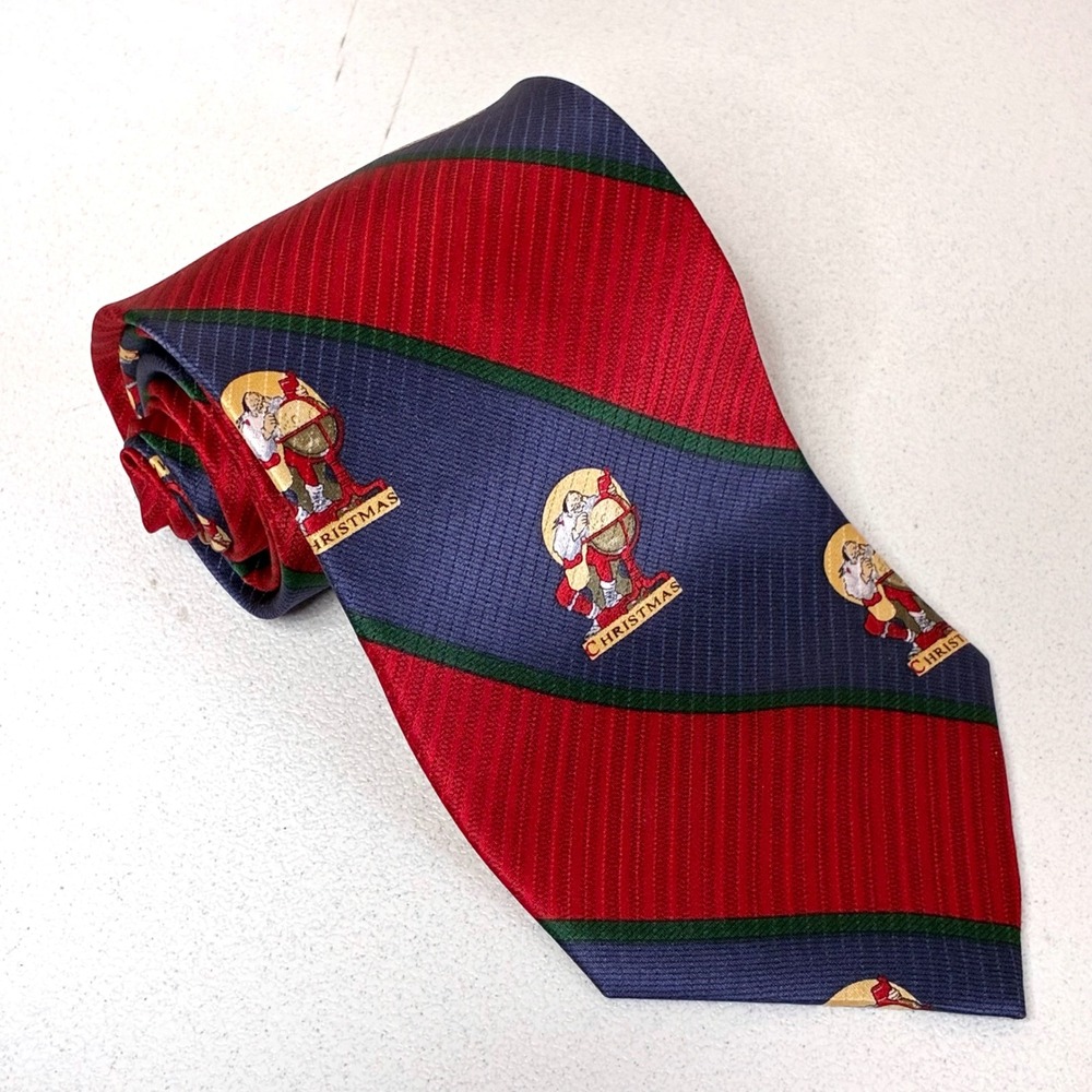 Whimsical Christmas silk tie Saturday Evening Post Burgundy Blue Green Santa